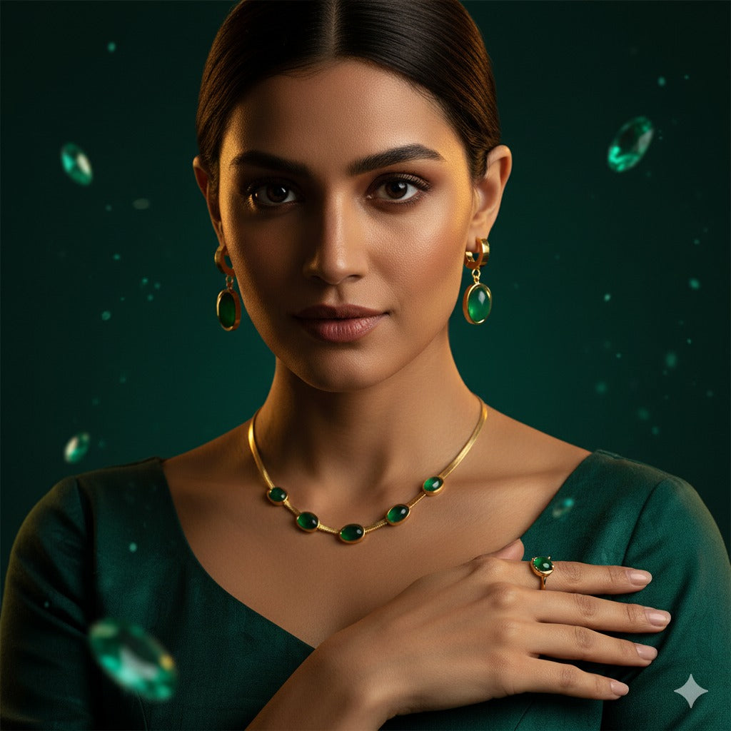 Green Crystal Pendant Necklace, Earrings & Bracelet Jewellery Set